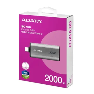 Adata SC750 2TB USB-C External Portable SSD - HighSpeed USB 3.2 Gen 2, Up to 1000 MB/s, Black Titanium