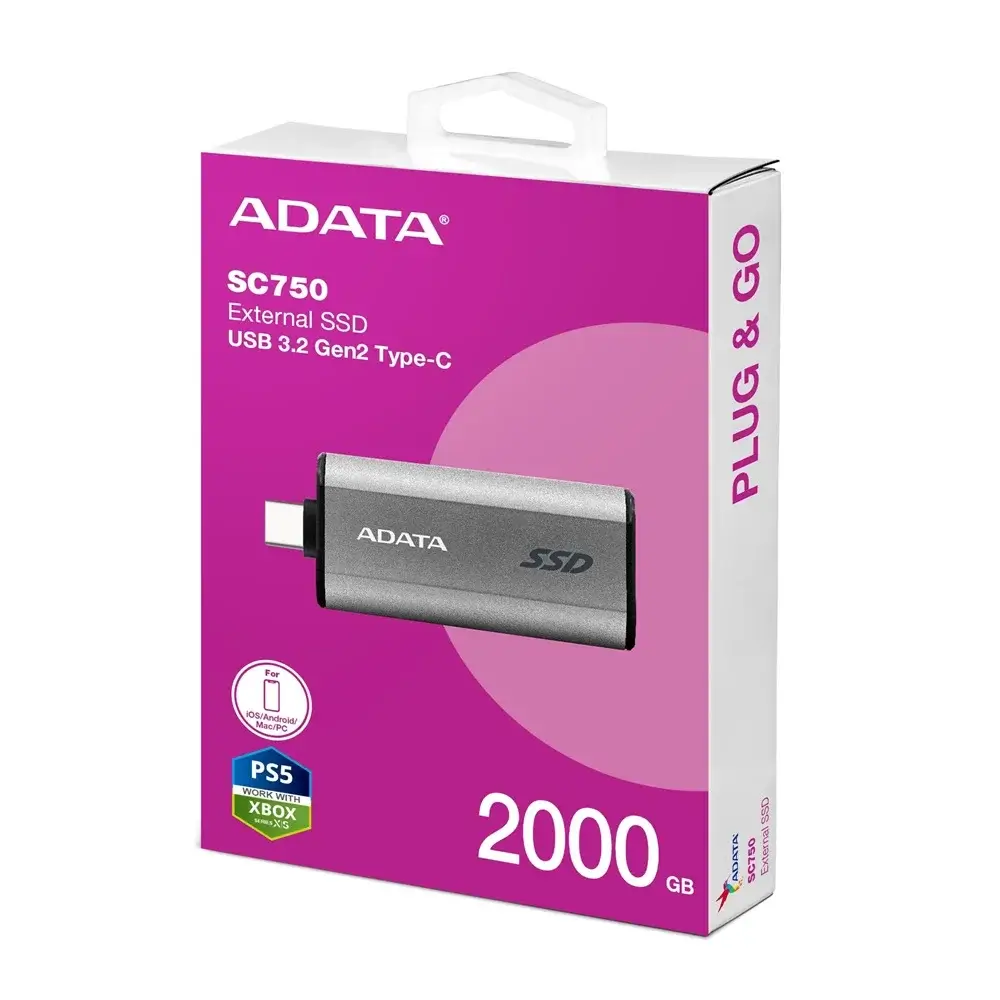 Adata SC750 2TB USB-C External Portable SSD - HighSpeed USB 3.2 Gen 2, Up to 1000 MB/s, Black Titanium